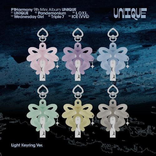 P1Harmony 9th Mini Album UNIQUE Light Keyring Version all 6 member versions displayed, sealed K-pop album with mini CD, light keyring and random version pre-order.