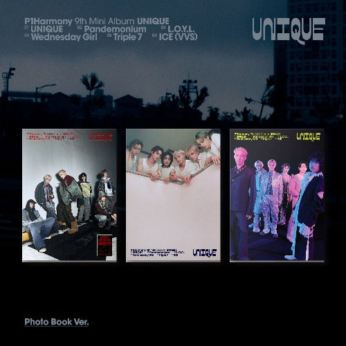 P1Harmony 9th Mini Album UNIQUE Photobook Version covers A, B and C displayed together, official sealed K-pop album pre-order with random version and POB.