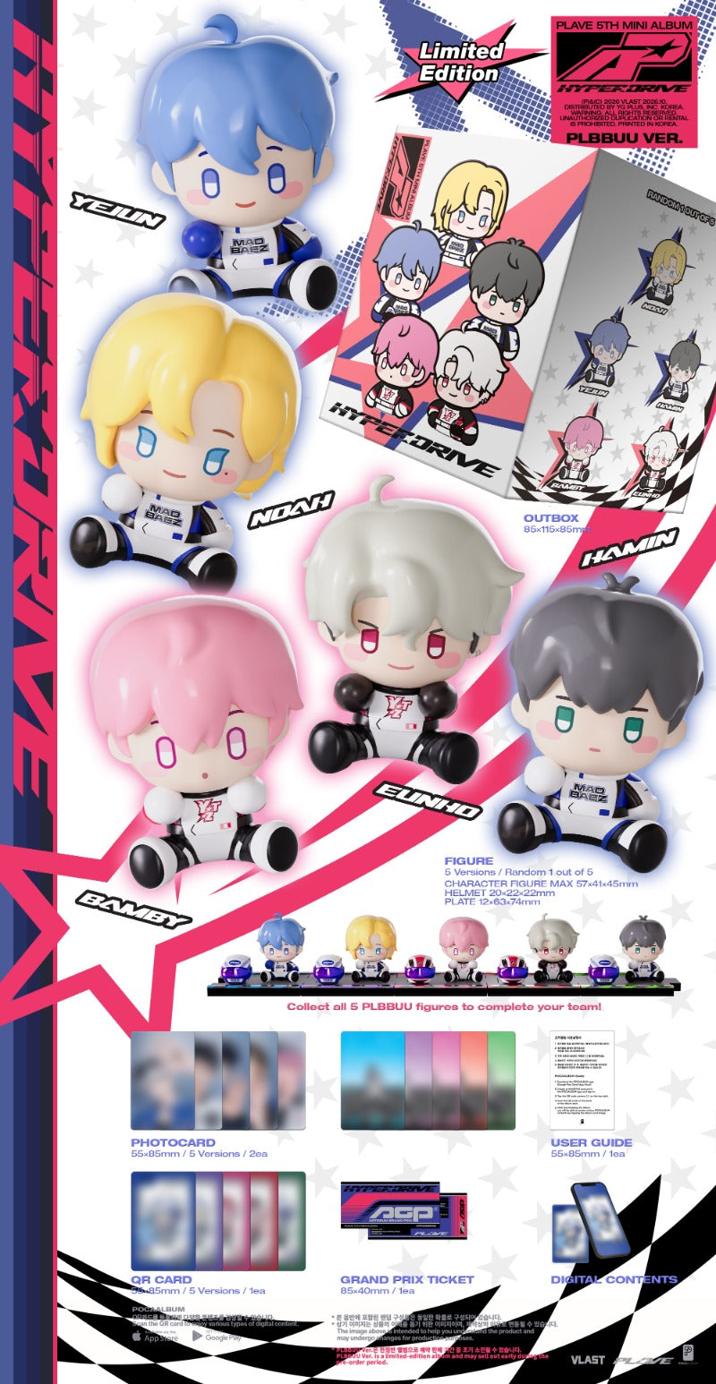 PLAVE HYPERDRIVE PLBBUU Ver album contents preview featuring random character figure photocards QR card Grand Prix ticket and user guide