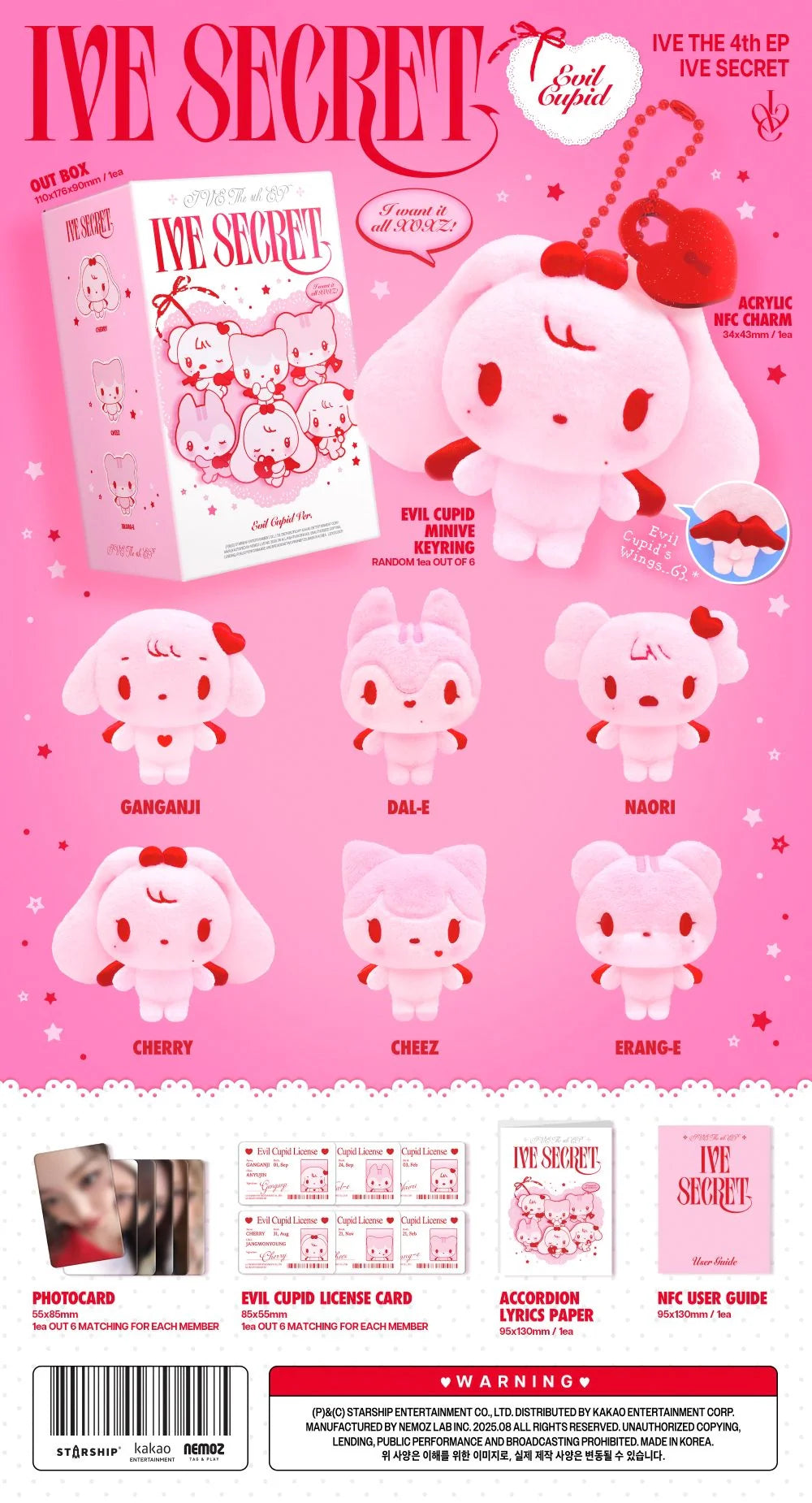 Contents of IVE 4th Mini Album [IVE SECRET] EVIL CUPID Ver. (PLATFORM Ver.), including Evil Cupid MINIVE keyring, acrylic NFC charm, photocard, NFC user guide, Evil Cupid license card, and accordion lyrics paper.