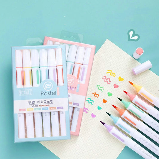 Pastel Highlighter Pen Set with 6 macaron colours, shown with testers on paper for planners, notes and journaling.