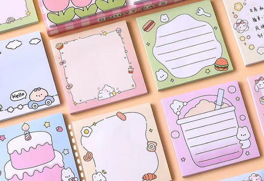 Cute Sticky Notes full set, 3x3 memo pads with strong self-adhesive, colourful and fun stationery for office, school, home, or gifting.