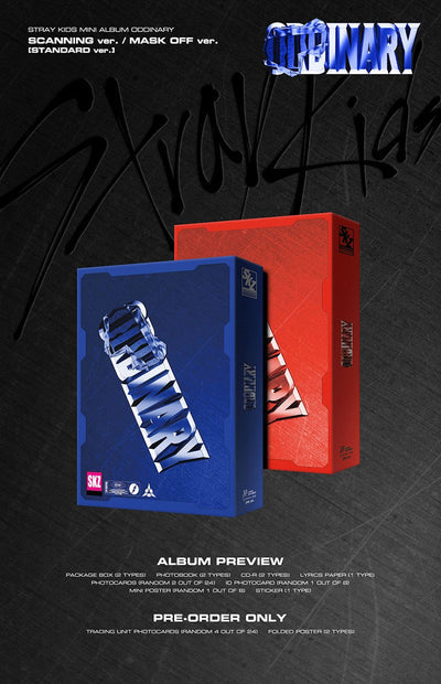 STRAY KIDS Mini Album ODDINARY (STANDARD) showing front covers of SCANNING and MASK OFF versions, official K-pop album with photobook, CD-R, and collectible fan merchandise.