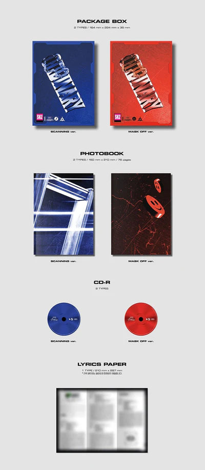 Contents of STRAY KIDS Mini Album ODDINARY (STANDARD) SCANNING and MASK OFF versions together, including package boxes, 76-page photobooks, CD-Rs, lyric papers, 2 random photocards (out of 24) per version, 1 random ID photocard (out of 8) per version, 1 random mini poster (out of 8) per version, and stickers, official K-pop merchandise.
