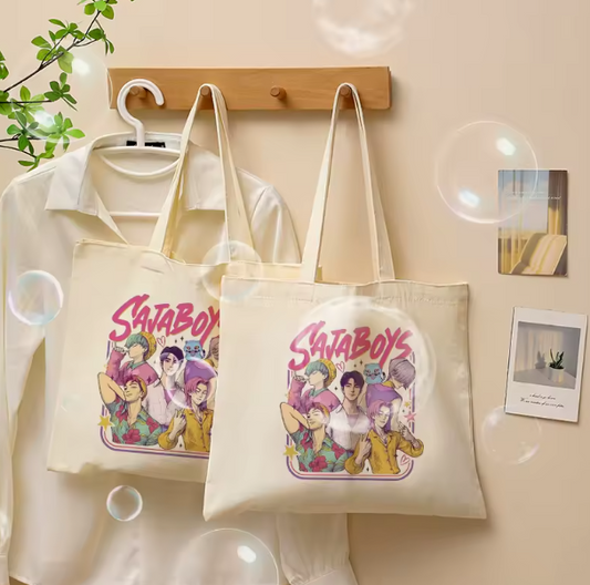 Kpop Demon Hunters canvas tote bag, large shoulder bag with vintage-inspired design, durable cotton canvas, fashion accessory for fans of the Saja Boys boy band.