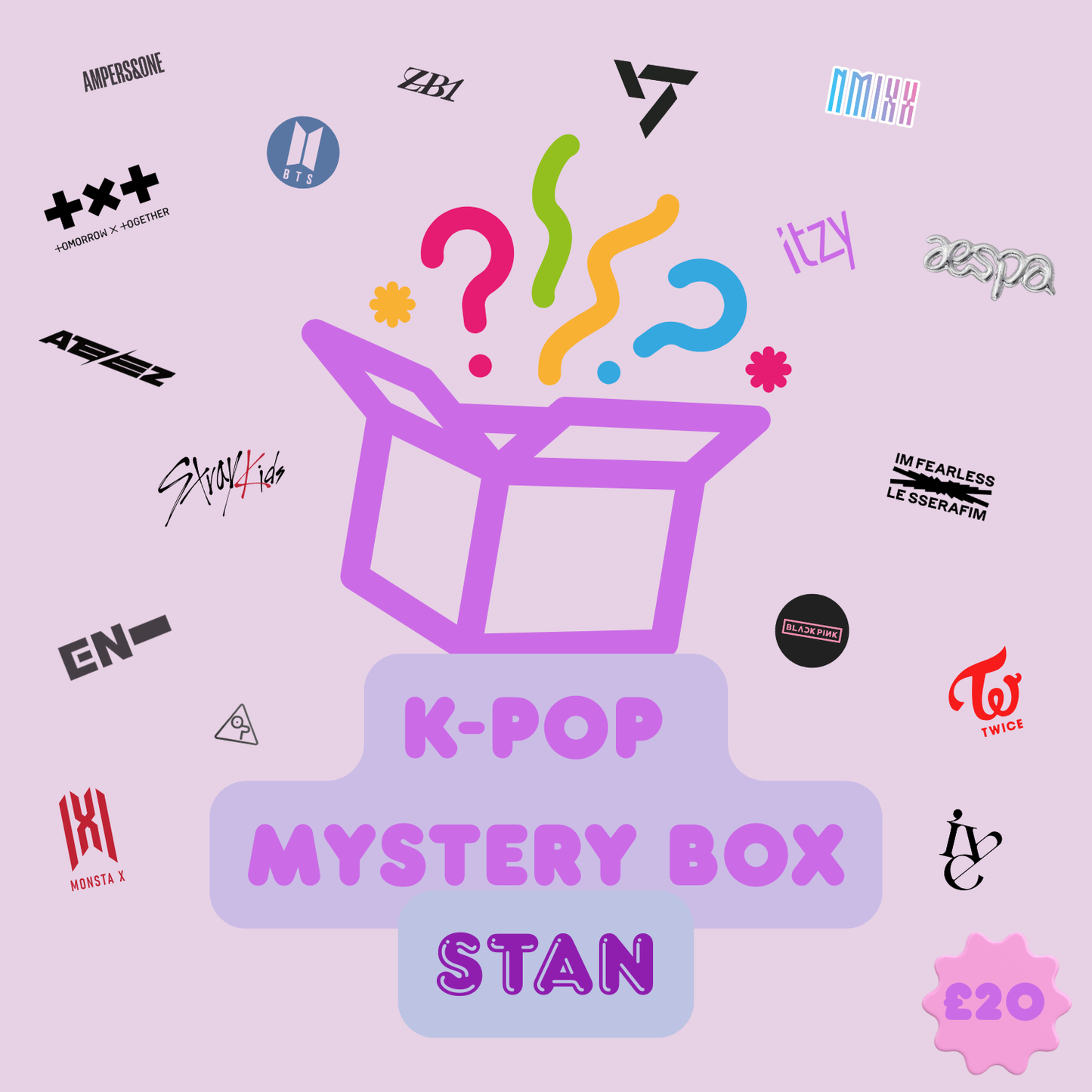 K-POP Mystery Box with colourful confetti and question marks bursting out, surrounded by icons and logos from popular K-pop groups.