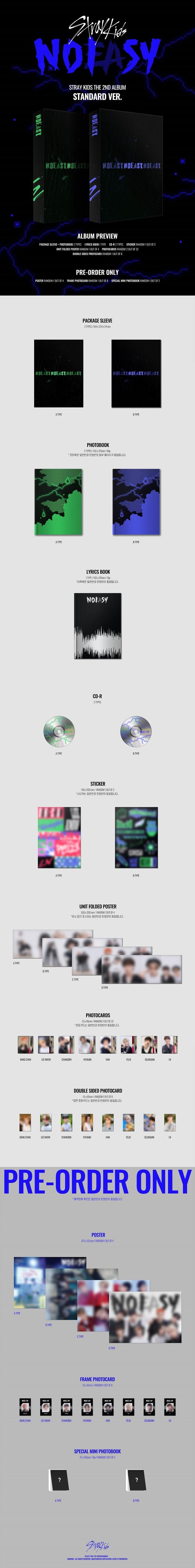 Contents of Stray Kids Vol.2 [NOEASY] Standard Version, including sleeve, photobook, lyrics book, CD, 1 random sticker (out of 2), 1 random unit folded poster (out of 4), 2 random photocards (out of 32), and 1 double-sided photocard (random out of 8), official K-pop merchandise.