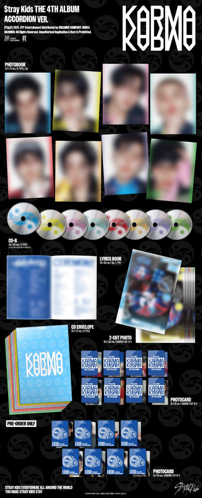 Stray Kids 4th Full Album KARMA Accordion Version contents, including photobook, CD-R, lyrics book, photo card, and 2-cut photo