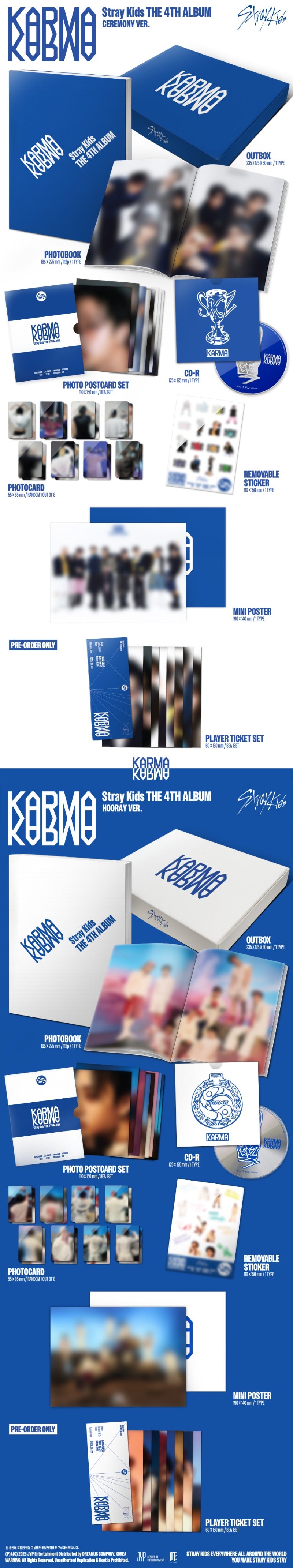 Stray Kids 4th Full Album KARMA Ceremony and Hooray versions contents, including photobooks, CD-Rs, photocards, postcards, stickers, and mini posters.