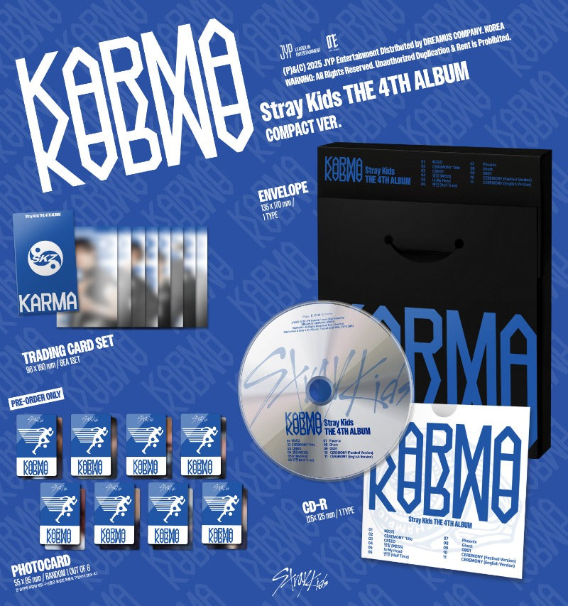 Stray Kids 4th Full Album KARMA Compact Version contents, including envelope packaging, CD-R, and full set of 8 trading cards.