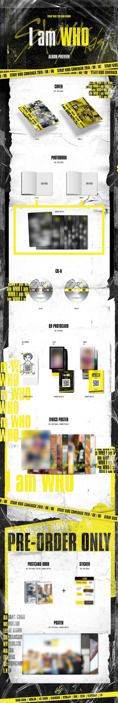 Contents of Stray Kids 3rd Album ‘I Am Who’, including CD, photobook, and QR photocard, official K-pop merchandise.