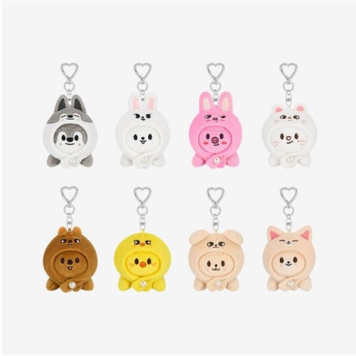 Stray Kids SKZOO celebrATE lying keyring set showing all 8 character designs K-pop merch