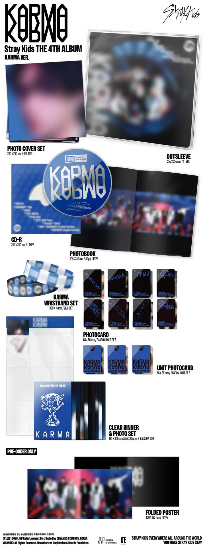 Stray Kids 4th Full Album KARMA Version contents, including CD, photobook, wristband set, photocards, and clear binder with photo set.