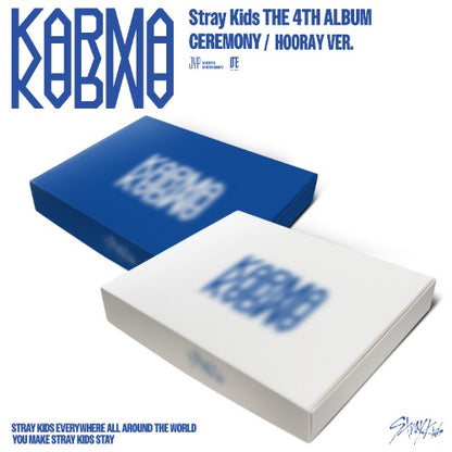 Stray Kids 4th Full Album KARMA showing Ceremony and Hooray version covers, K-pop physical album with photobook, CD, photocards, and collectibles.