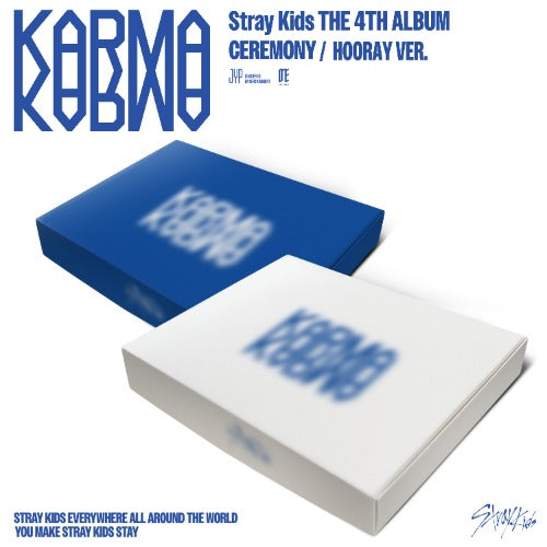 Stray Kids 4th Full Album KARMA showing Ceremony and Hooray version covers, K-pop physical album with photobook, CD, photocards, and collectibles.