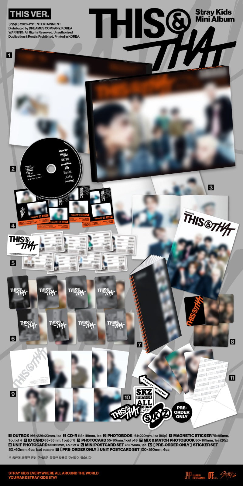 Stray Kids THIS and THAT album contents preview photobook photocards ID card magnet postcards and Aladin selfie photocard POB