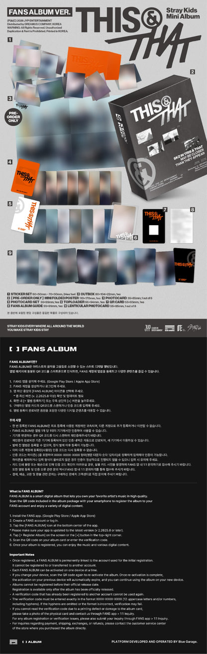 Stray Kids THIS and THAT FANS Album contents preview photocard set QR card lenticular card stickers top loader and FANS POB photocard