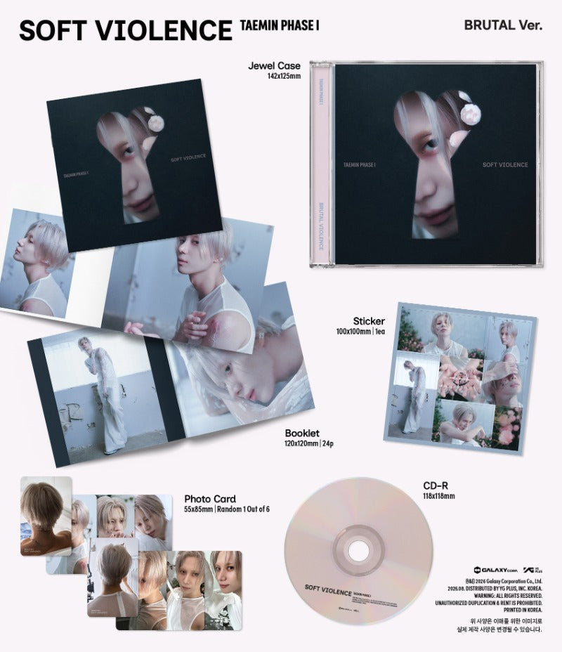 TAEMIN PHASE I Soft Violence BRUTAL Ver Jewel album contents preview featuring jewel case CD booklet sticker and photocard