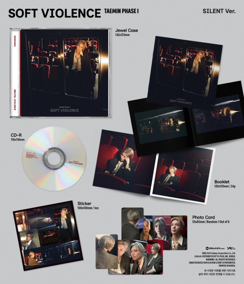 TAEMIN PHASE I Soft Violence SILENT Ver Jewel album contents preview featuring jewel case CD booklet sticker and photocard