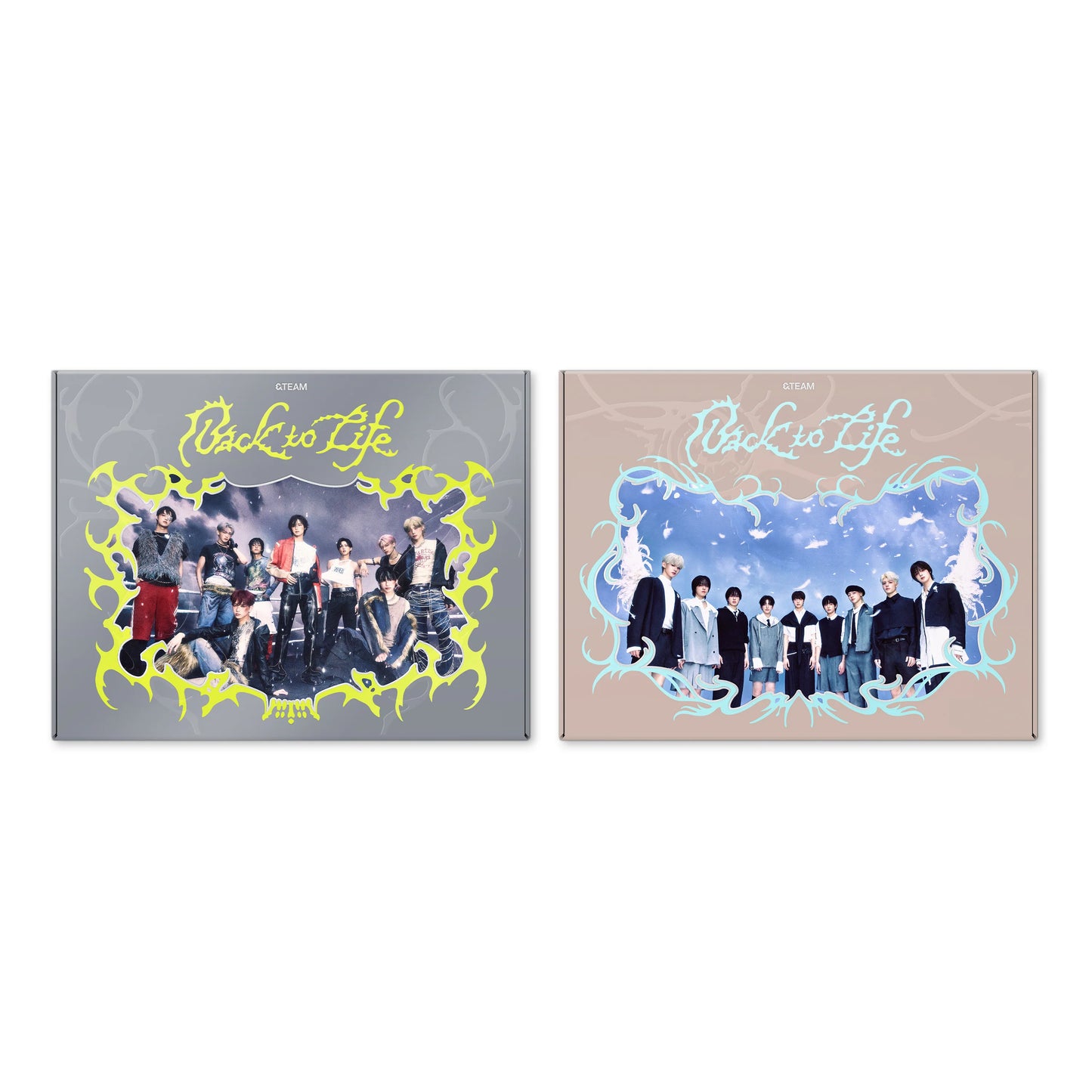 Front covers of &TEAM KR 1st Mini Album [Back to Life] — BREATH ver. and GAZE ver.