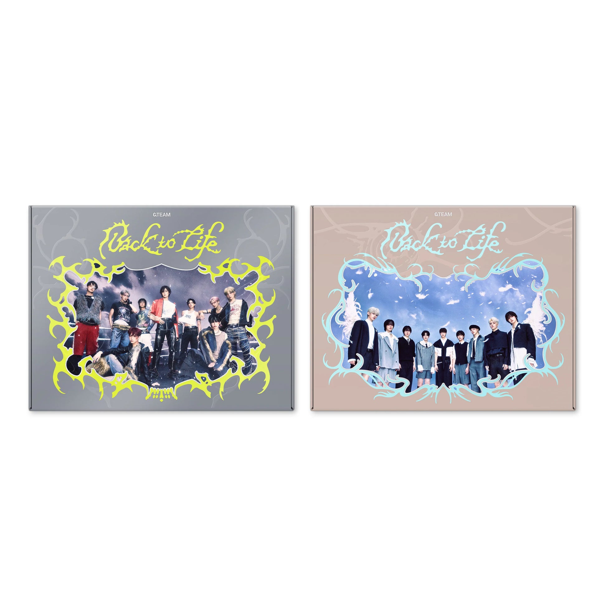 Front covers of &TEAM KR 1st Mini Album [Back to Life] — BREATH ver. and GAZE ver.
