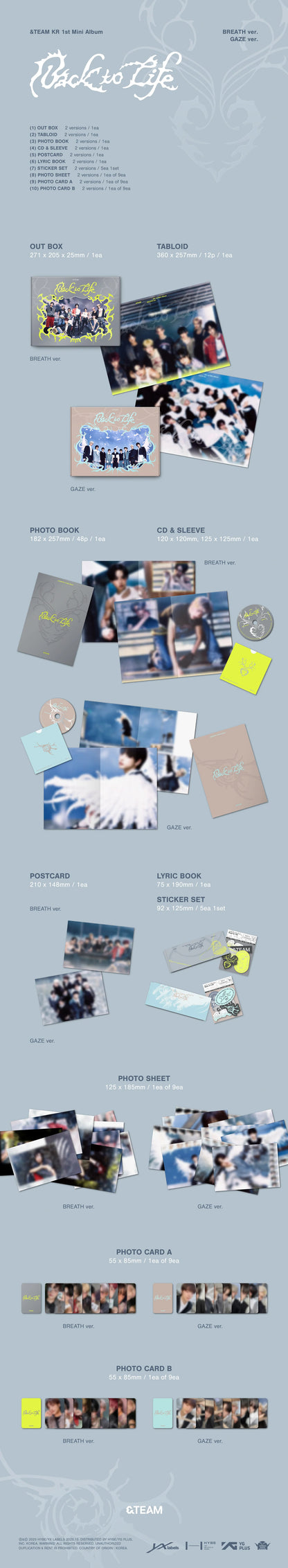 Contents of &TEAM KR 1st Mini Album [Back to Life] BREATH/GAZE versions, including out box, tabloid, photo book, CD-R with envelope, postcard, accordion lyrics, sticker set, photo sheet, and random photocards.