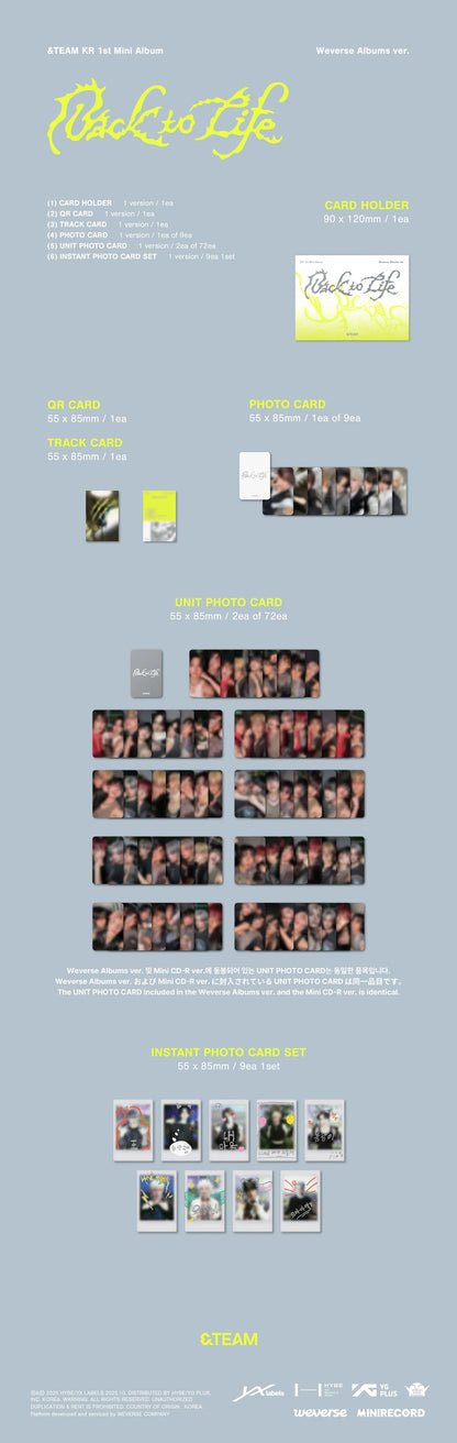 Contents of &TEAM KR 1st Mini Album [Back to Life] Weverse Albums version — includes QR card, card holder, track card, random photocard, two unit photocards, and a set of nine instant photocards.
