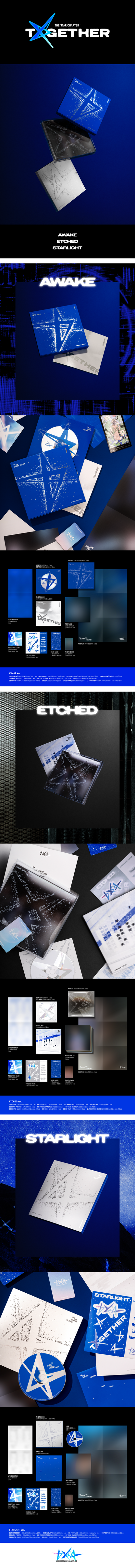 Contents of TOMORROW X TOGETHER 4th Full Album [The Star Chapter: TOGETHER] AWAKE, ETCHED, and STARLIGHT Versions, including photobooks, CDs, CDRs, CD trays, postcards, posters, lyric posters, sticker packs, star cards, photocards, together cards, envelopes, pouches, and fan merchandise.