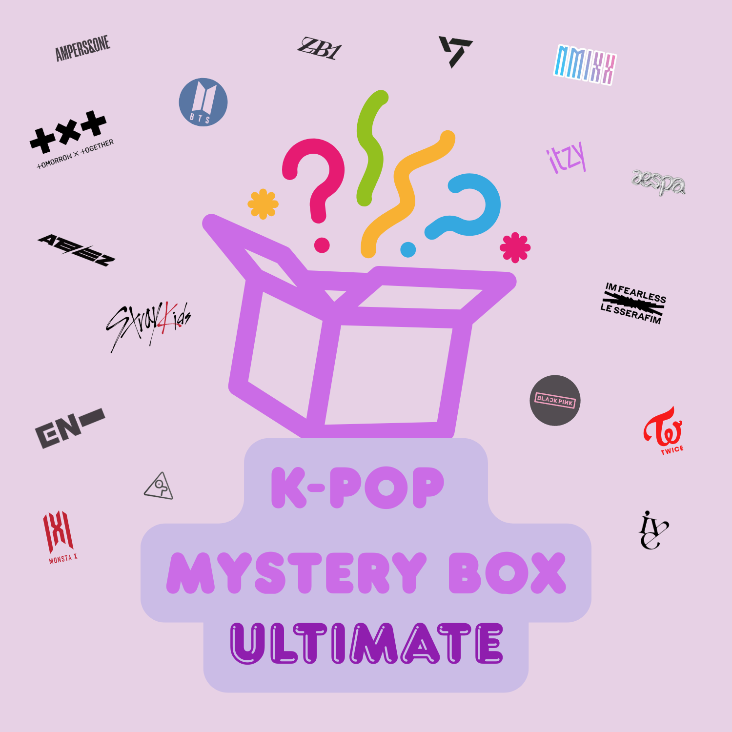 K-POP Mystery Box with colourful confetti and question marks bursting out, surrounded by icons and logos from popular K-pop groups. Ultimate box version.