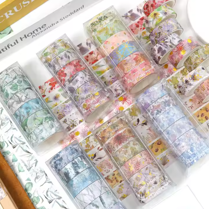 6-roll box of plant and flower print washi tapes showing assorted designs, colourful botanical patterns, perfect for scrapbooking, journaling, gift wrapping and DIY crafts.