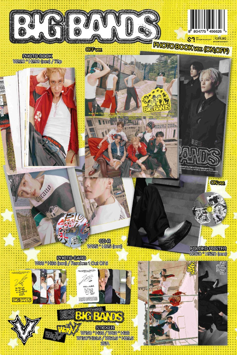Contents of WayV 7th Mini Album [BIG BANDS] PHOTO BOOK Version ON and OFF Versions, including 72-page photobook, CD, folded poster, 1 random photocard (out of 5), and 2 random stickers, official K-pop merchandise.