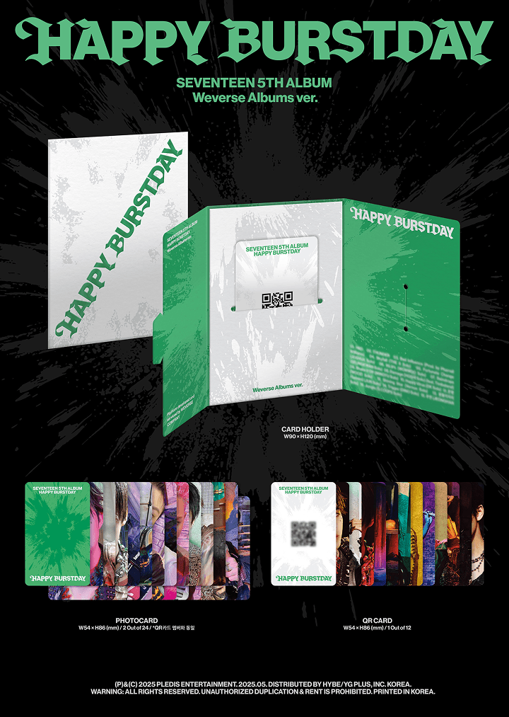 Contents of SEVENTEEN 5th Album ‘HAPPY BURSTDAY’ Weverse Albums Version, including 1 card holder, 2 random photocards (out of 24), and 1 QR code card, official K-pop fan collectible.