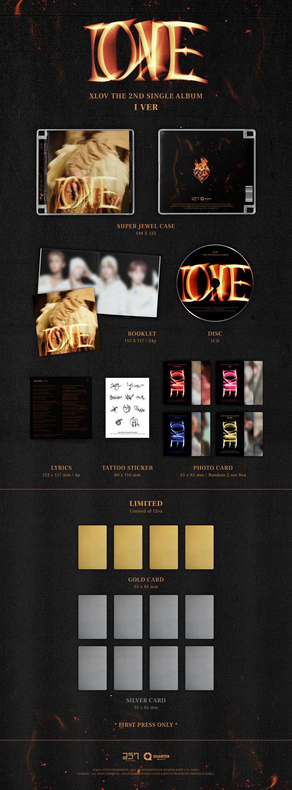 Contents of XLOV 2nd Single [I ONE] I Ver. and 1(ONE) Ver., including CD, booklet, lyrics, tattoo sticker, and 2 random photocards (out of 8), official K-pop merchandise.
