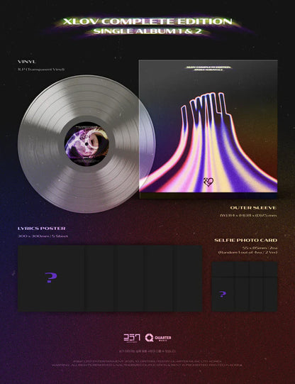 XLOV I WILL (COMPLETE EDITION LP) – full contents including vinyl, outer sleeve, lyrics poster, and random selfie photo cards.