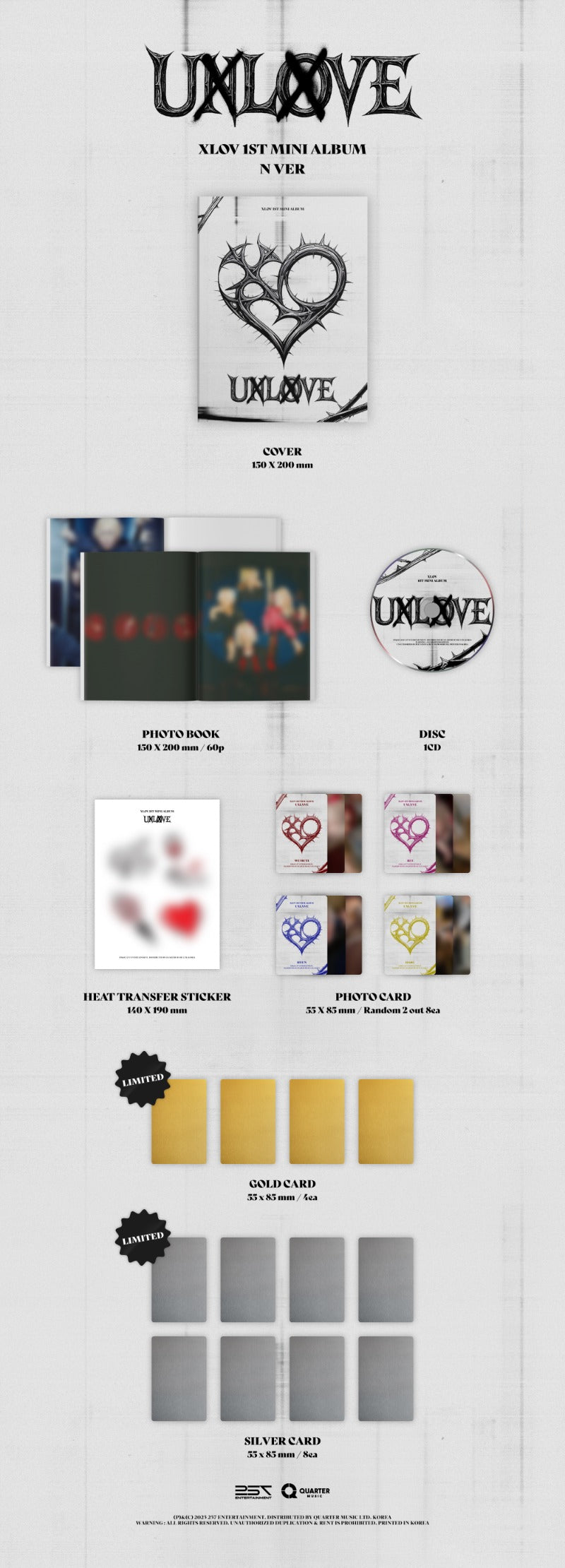 XLOV 1st Mini Album [UXLXVE] (N Ver.) contents layout featuring the photobook, CD, heart transfer sticker, photocards, and collectible gold and silver cards.