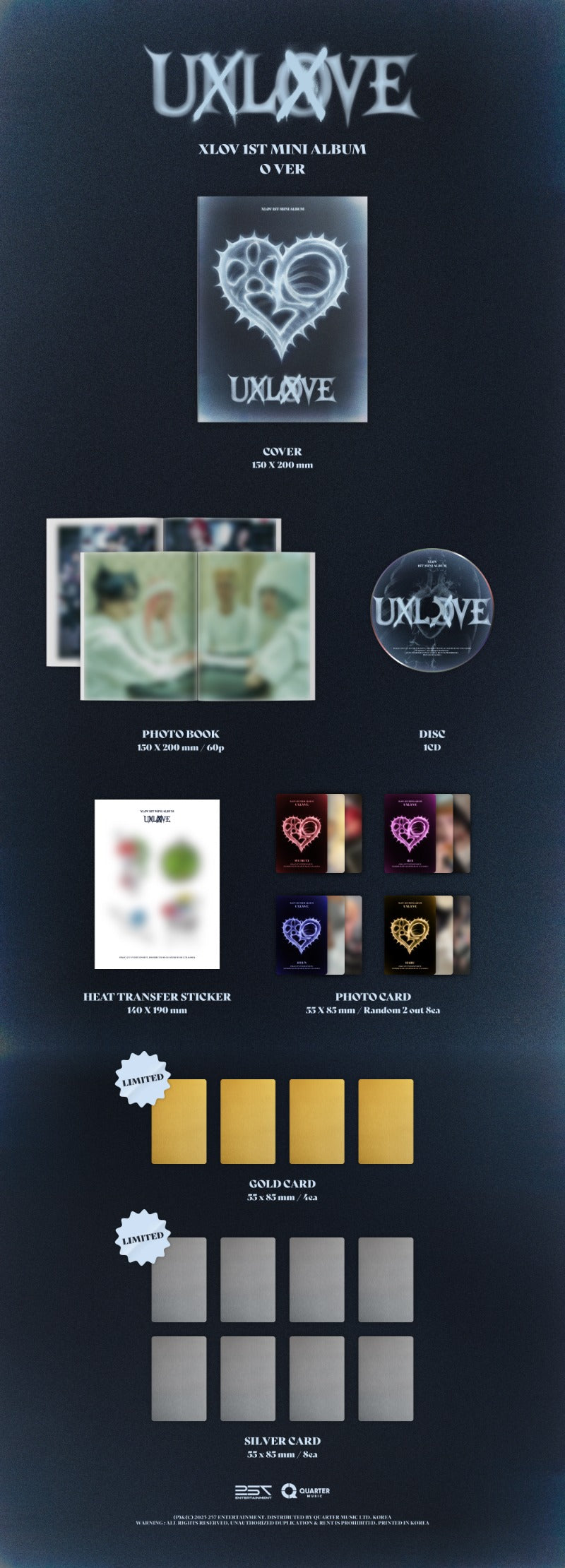 XLOV 1st Mini Album [UXLXVE] (O Ver.) contents layout including the photobook, CD, heart transfer sticker, photocards, and limited gold and silver cards.
