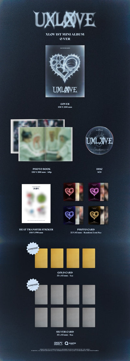 XLOV 1st Mini Album [UXLXVE] (O Ver.) contents layout including the photobook, CD, heart transfer sticker, photocards, and limited gold and silver cards.