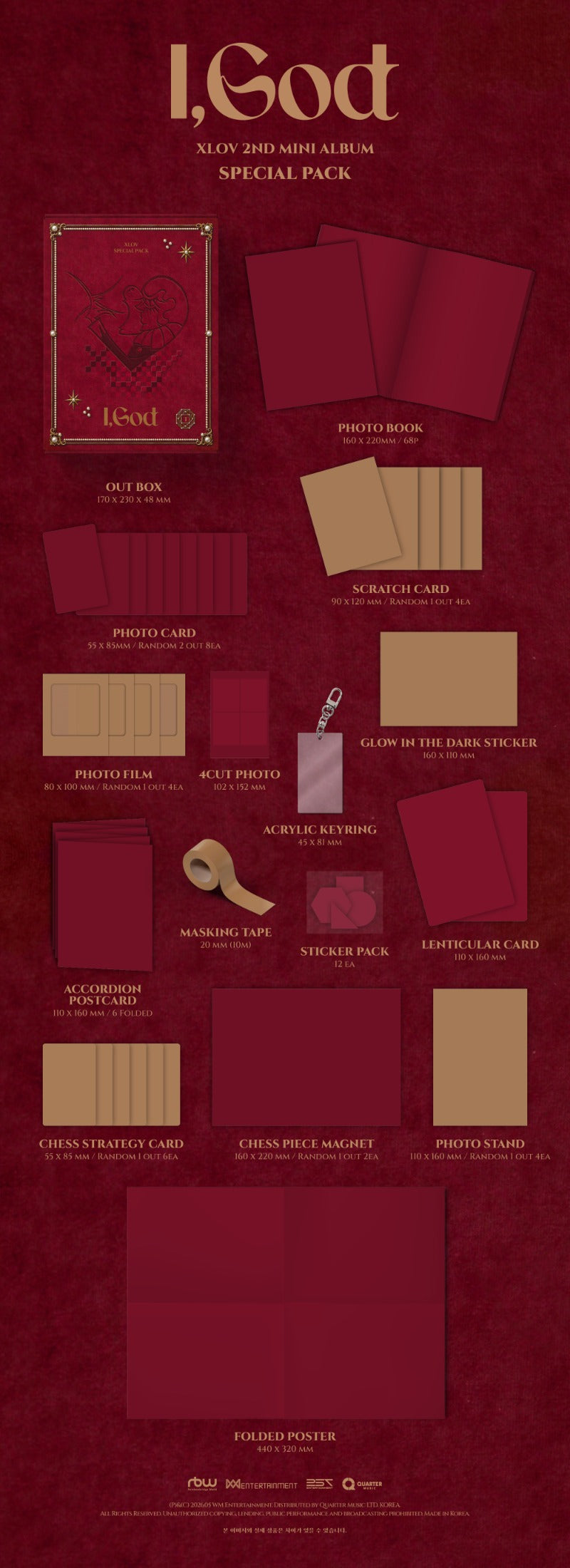 XLOV I God special pack album inclusions preview official K pop merchandise photocard acrylic keyring lenticular card and glow in the dark sticker set