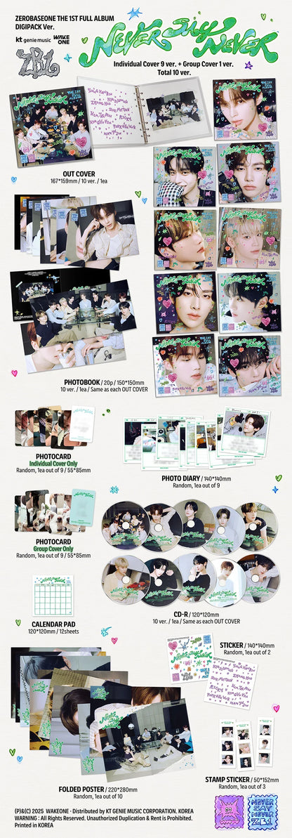 Contents of ZEROBASEONE 1st Full Album [NEVER SAY NEVER] DIGIPACK version, including CD, 20-page photobook, random photo diary, random photocard, random sticker, 12-sheet calendar pad, random stamp sticker, folded poster and Apple Music pre-order unreleased selfie photocard.
