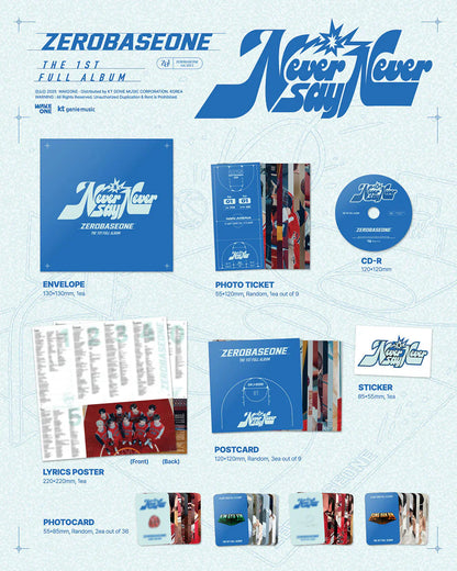 Contents of ZEROBASEONE 1st Full Album [NEVER SAY NEVER] SLAM DUNK version, including CD, 3 random postcards, 2 random photocards, sticker, random photo ticket, and lyrics poster.