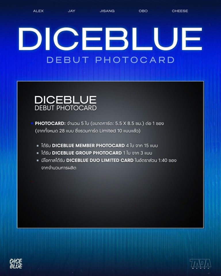 DICEBLUE Debut Photocard contents preview featuring random member photocards and group photocard official DICE T Pop merchandise