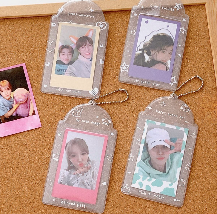 photocards inside 3 inch glitter card sleeve glitter protective holder transparent PVC sleeve with star and heart design displaying K pop photo cards safely
