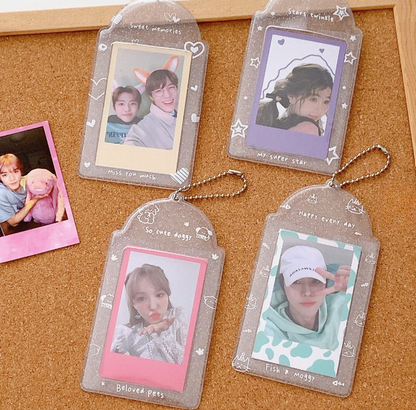 photocards inside 3 inch glitter card sleeve glitter protective holder transparent PVC sleeve with star and heart design displaying K pop photo cards safely