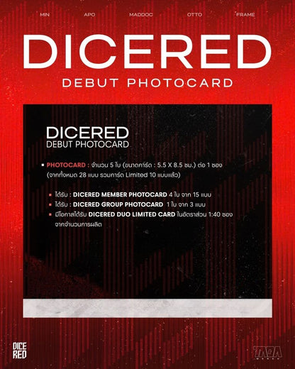 DICERED Debut Photocard contents preview featuring random member photocards and group photocard official DICE T Pop merchandise