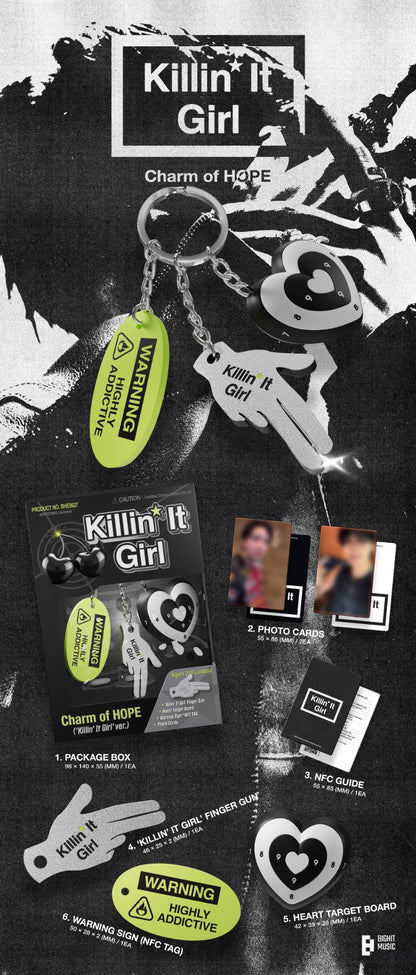 Contents of j-hope [Charm of HOPE] 'Killin' It Girl' Version, including 1 package box, 2 photocards, NFC guide, 'KILLIN' IT GIRL' finger gun, heart target board, and warning sign NFC tag, official K-pop collectible.