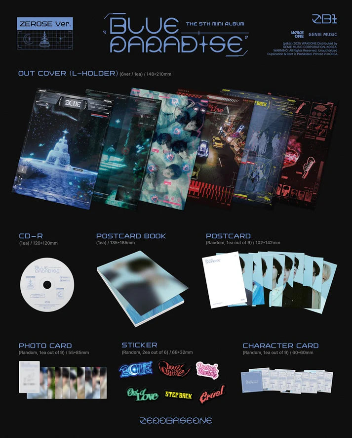Contents of ZEROBASEONE 5th Mini Album [BLUE PARADISE] ZEROSE Version, including out cover (L-holder), CD, postcard book, 1 random postcard (out of 9), 1 random photocard (out of 9), 2 random stickers (out of 6), and 1 random character card (out of 9), official K-pop merchandise.