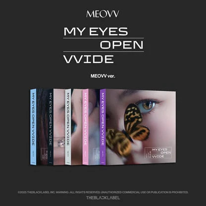 MEOVV MY EYES OPEN VVIDE 1st EP Album showing front covers of all versions, official K-pop album including photobook, CD-R, paper doll kit, photocards, and WITHMUU gift.